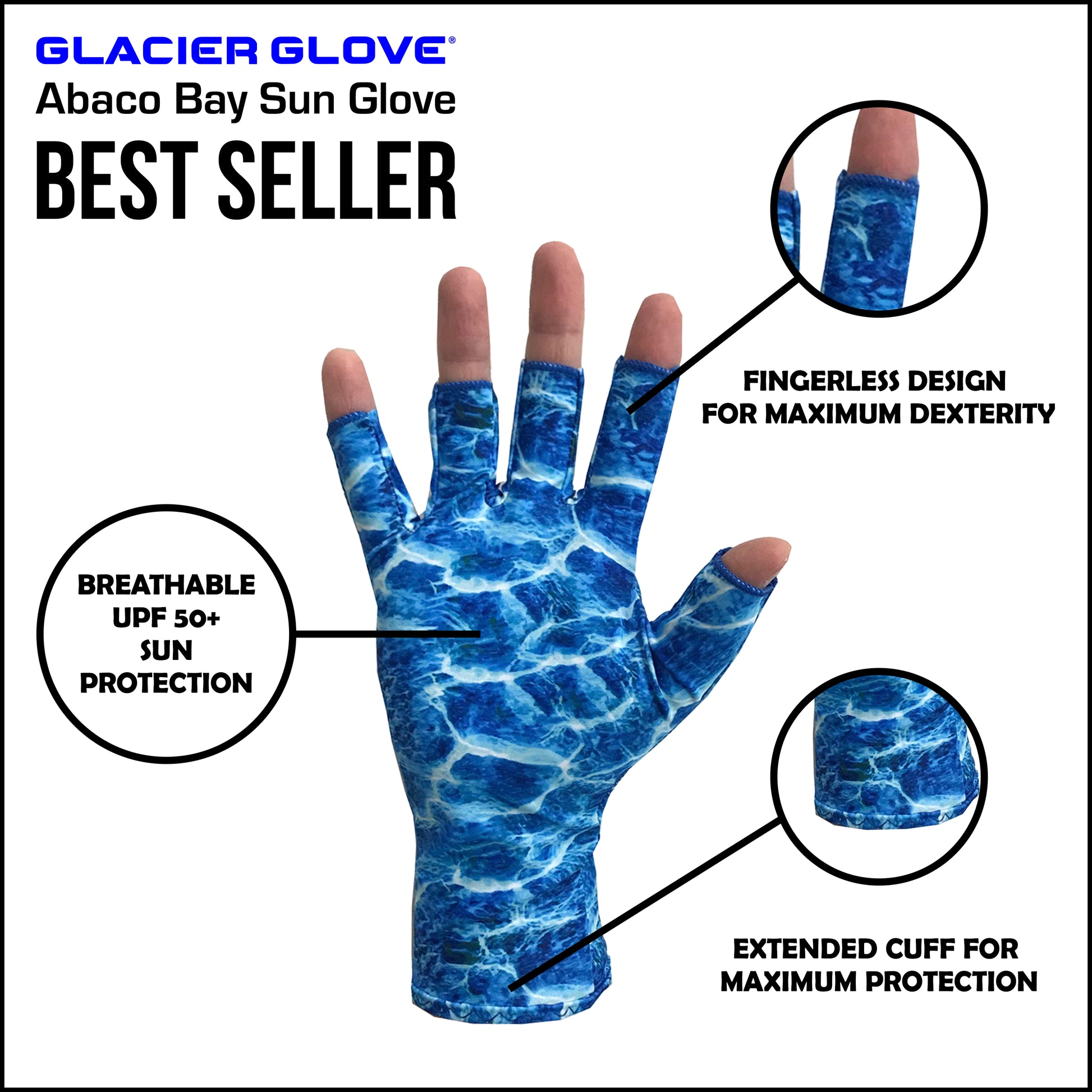 The Abaco Bay Sun Glove is the most popular model in our sun protection line. Independently tested and verified, it is rated at the maximum protection of UPF 50+. Providing both hand and wrist protection, this glove is great for any of your outdoor adventures. 3